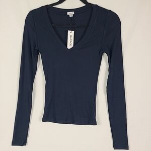 NEW Garage Women's Serene Deep V-Neck Top Mariana Blue Ribbed NWT Sz XS
